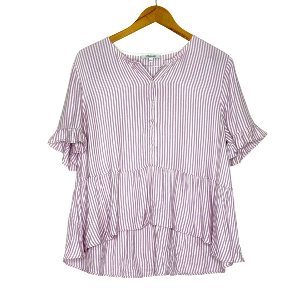 Madewell Purple Short Sleeve Ruffled Blouse with Mandarin Collar